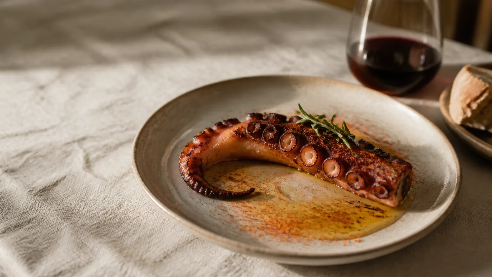 Plato de pulpo con pimentón y una copa de vino sobre un mantel de lino